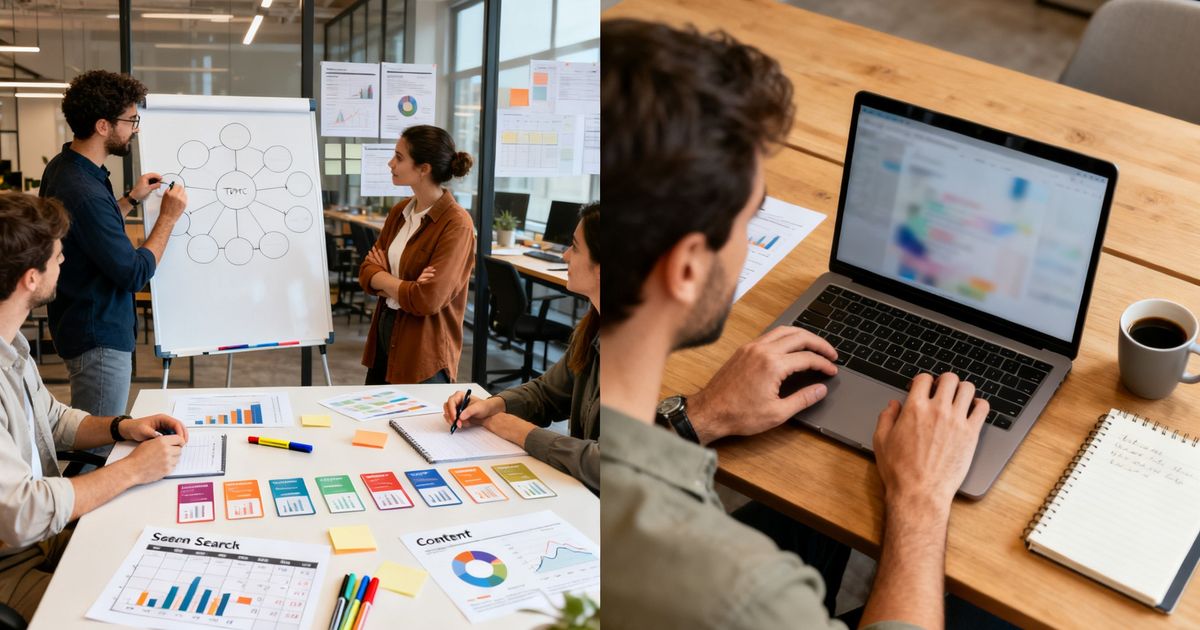 Two work scenes side-by-side — a marketing team planning topic clusters and a founder writing AI-generated drafts, illustrating a MarketMuse vs Writesonic comparison