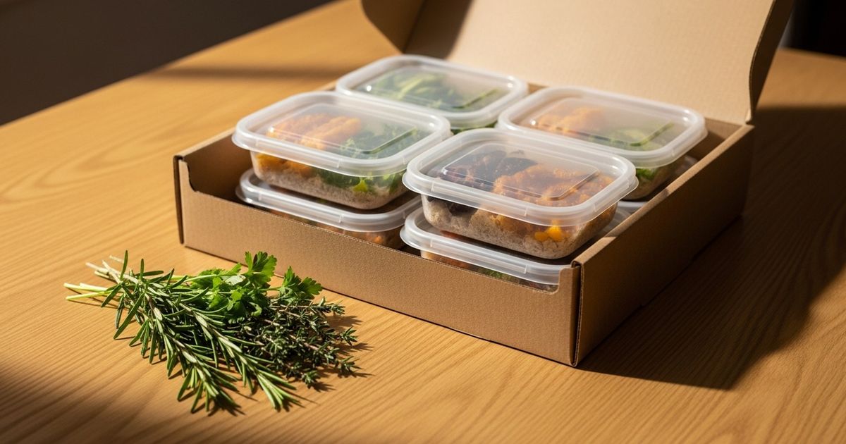 Open delivery box with neatly arranged meal prep containers and fresh herbs on a warm wooden table, photographed in a hyper-realistic editorial style.