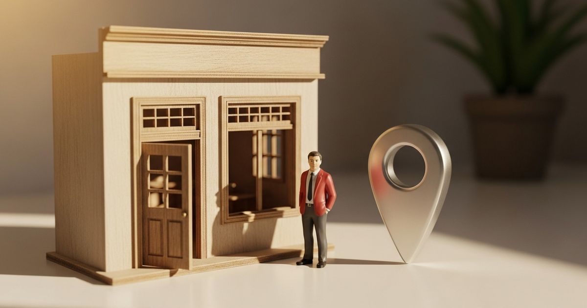 Hyper-realistic model storefront and location pin on a clean desk, symbolizing local business listings and Google Business Profile optimization.