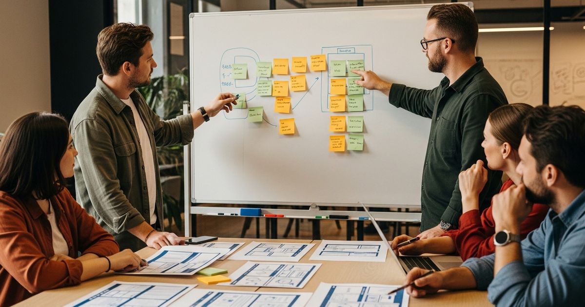 Marketing team mapping a pillar page outline in a startup office for how to write pillar pages