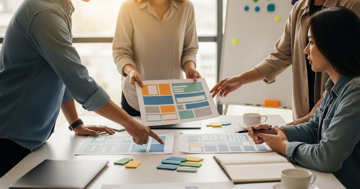Founders and a marketer in a meeting reviewing blank content templates and layouts to decide between hiring an agency, freelancers, or using AI tools.