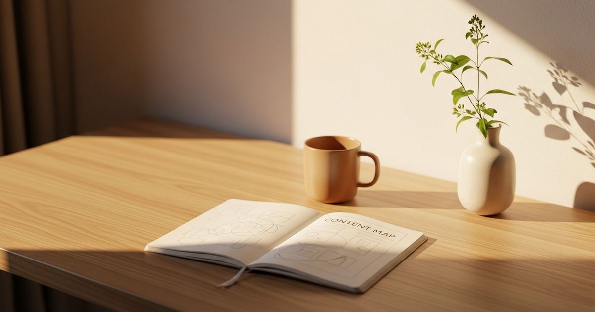 Warm, modern workspace with a sketched content map and natural accents representing strategic content planning for a nutrition practice