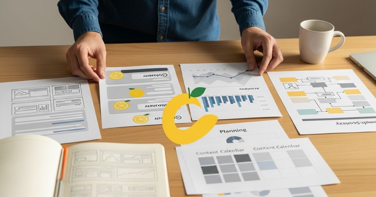 Founder planning LemonSqueezy SEO strategy with printed product sheets on a desk