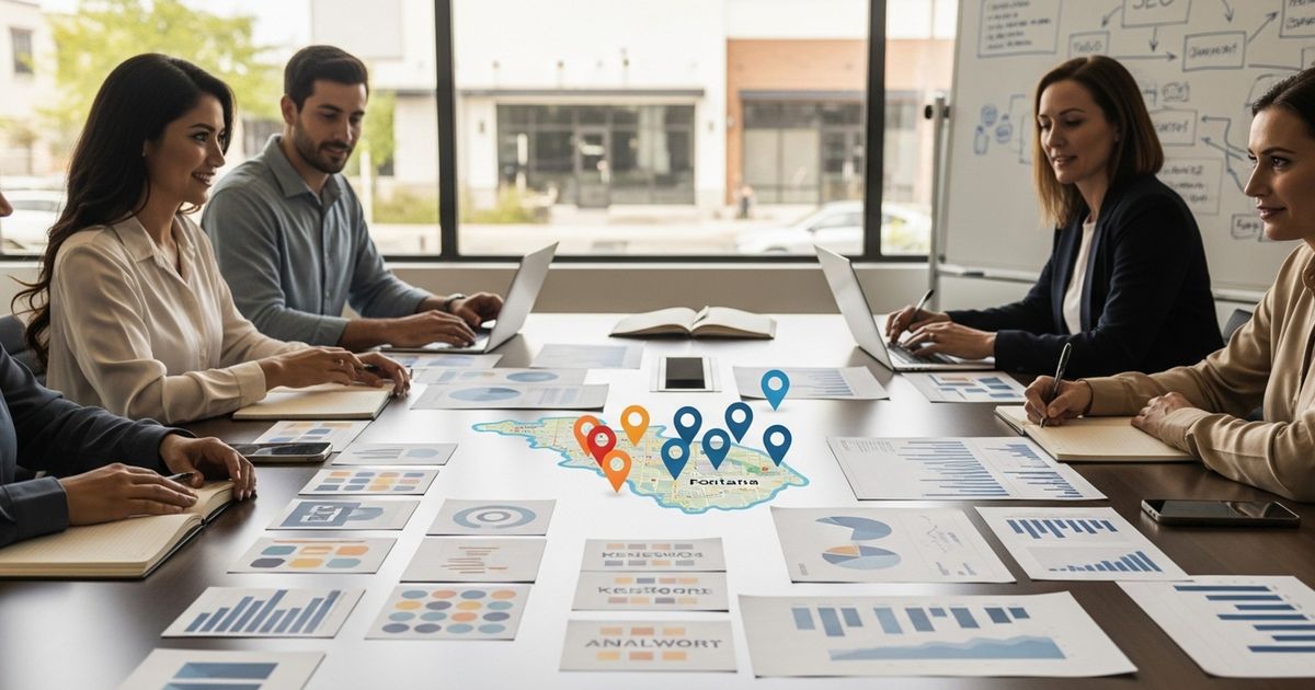 Marketing team collaborating on local SEO strategy in a Fontana, CA office
