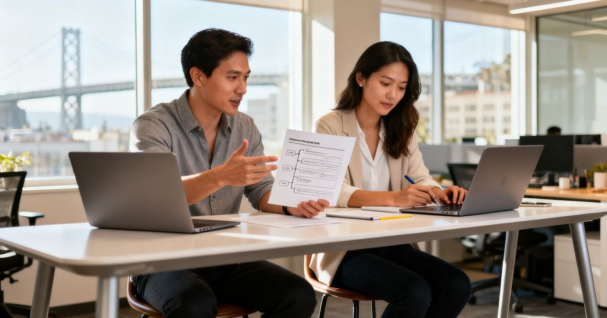 Two marketers comparing AI writing tools side by side in a San Francisco office — Copy.ai vs Writesonic comparison