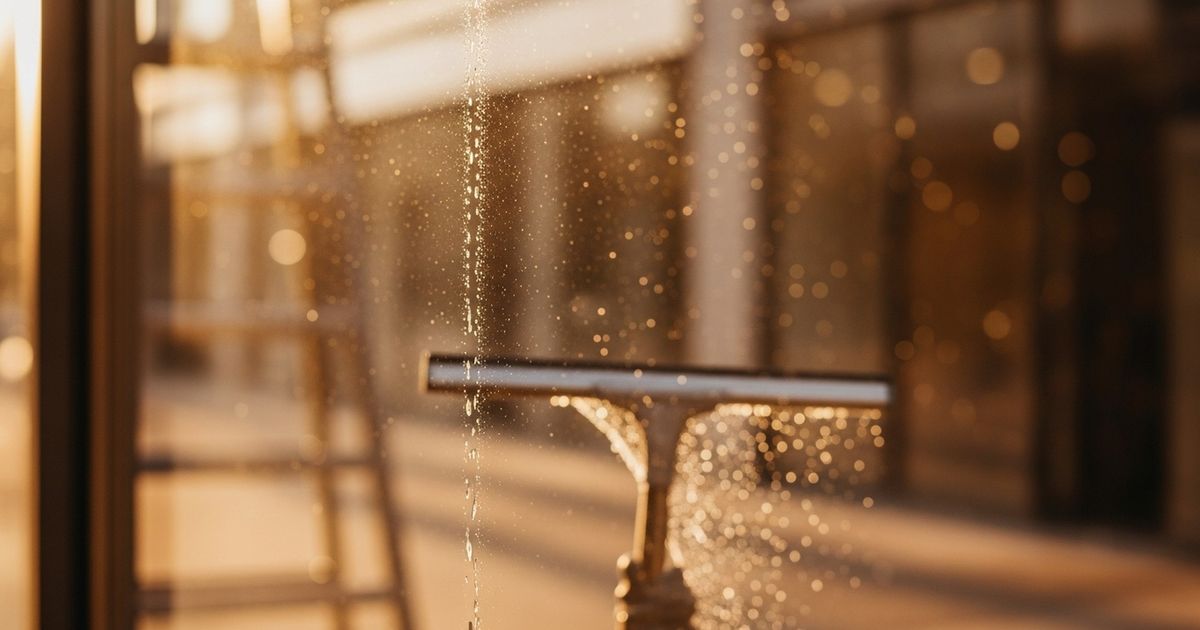 Hyper-realistic close-up of a freshly cleaned storefront window with warm reflections and a squeegee in soft focus