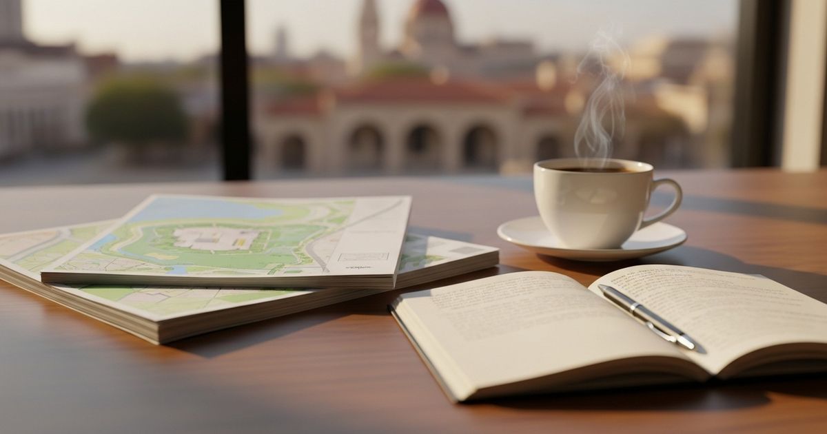 Warm hyper-realistic editorial scene of a marketing workspace with site maps and notes, evoking local SEO strategy in San Antonio.