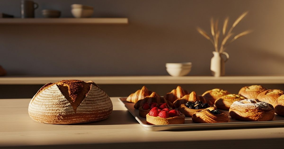 Warm editorial photo of artisan bread and pastries on a wooden counter in a modern bakery interior