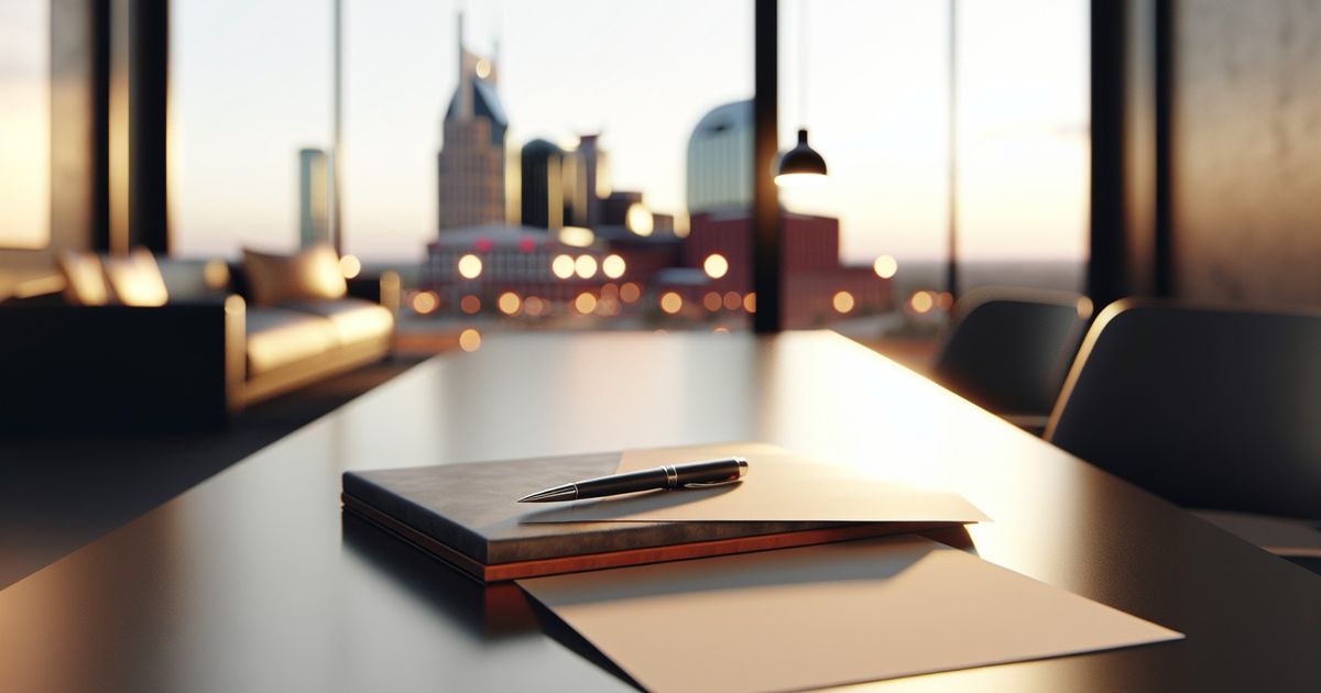 Warm, hyper-realistic editorial image of a modern conference table with paper and pen and a blurred Nashville skyline in the background.