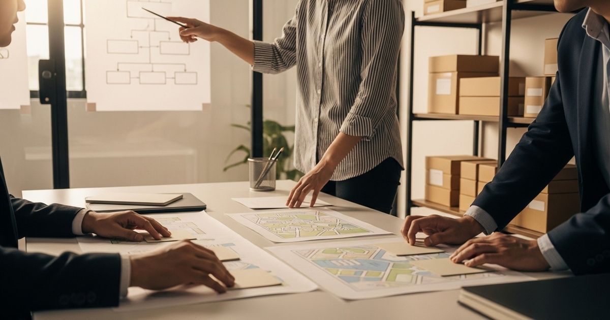 Ecommerce content team planning programmatic SEO templates with blank site-maps and unlabeled product boxes in a modern office