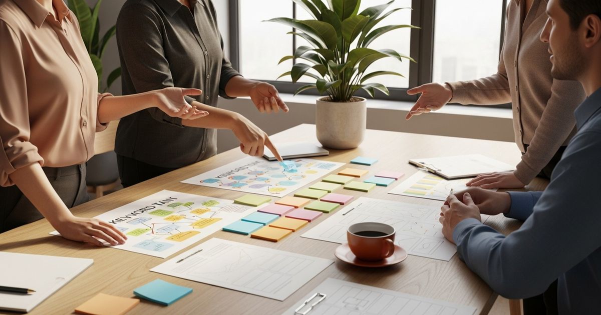 Content team collaborating over printed keyword maps and editorial templates in a warm modern workspace