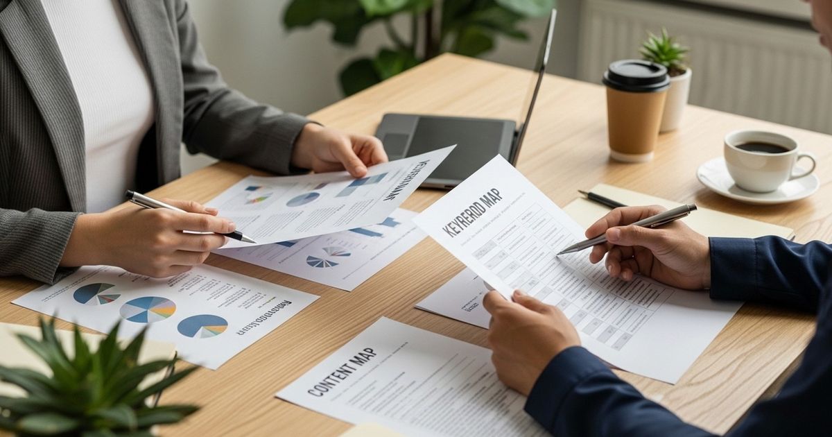 Two marketers collaborating over printed keyword maps and content outlines in a modern office, illustrating SEO content planning and tool-driven workflows.