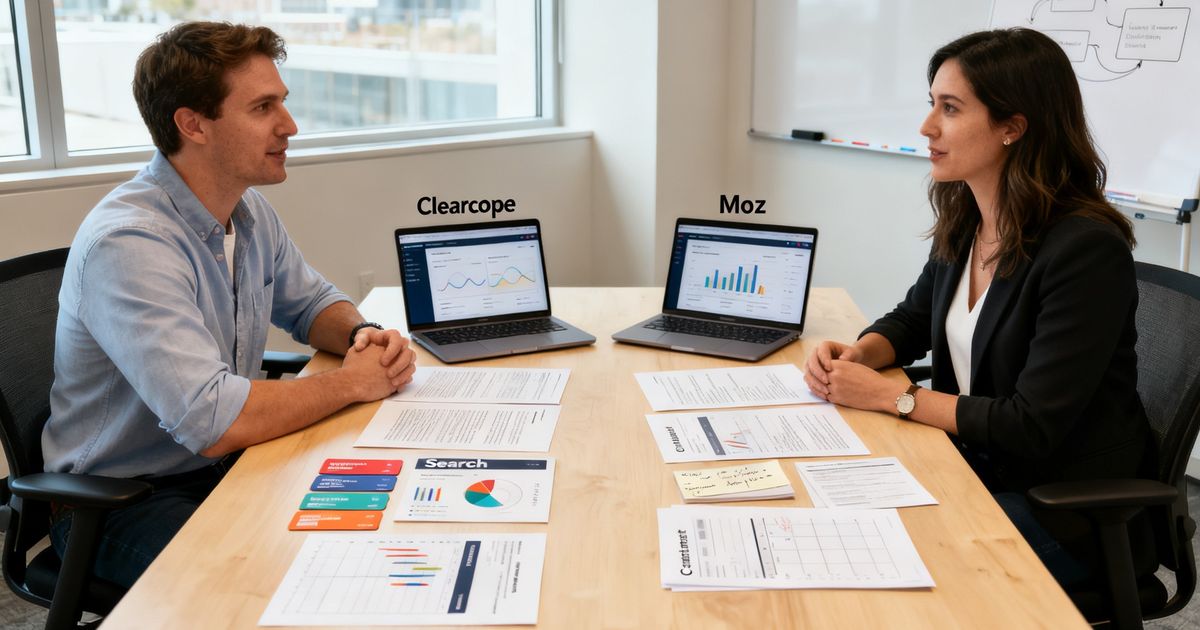 Two content marketers in a modern startup office comparing notes for a Clearscope vs Moz decision