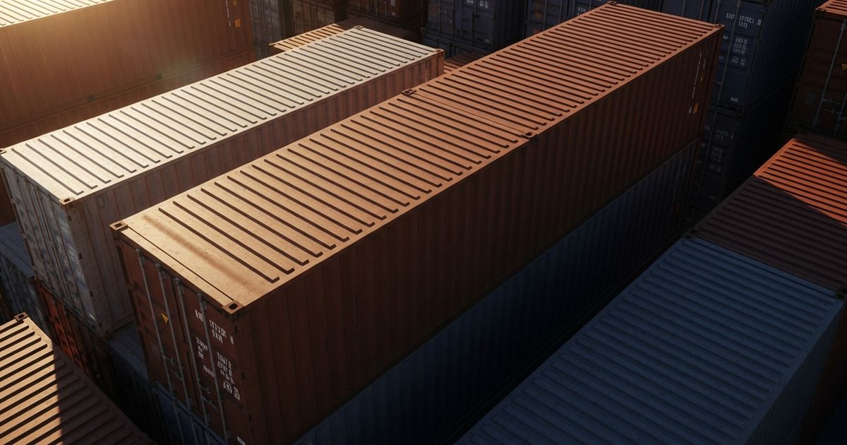 Stacked shipping containers bathed in warm light, conveying freight and logistics at scale