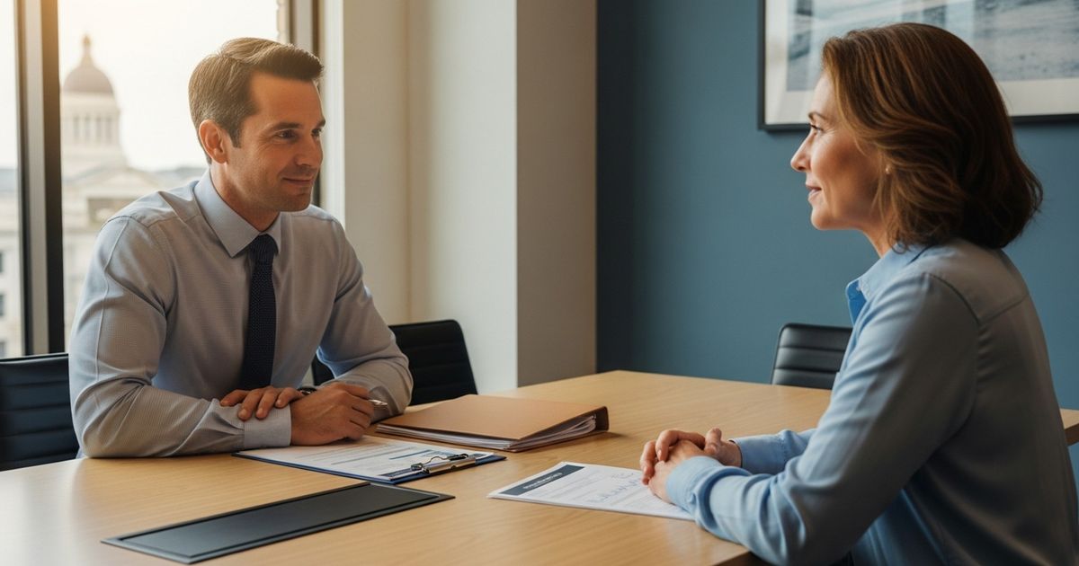 Bankruptcy attorney consulting a client in a modern office with legal documents on the table, conveying trust and professionalism.