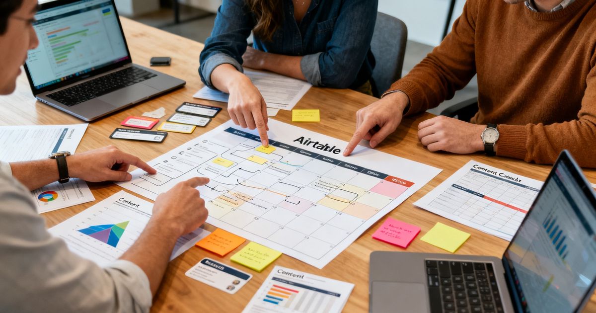 Marketing team configuring an Airtable content calendar in a San Francisco startup office for an Airtable SEO workflow