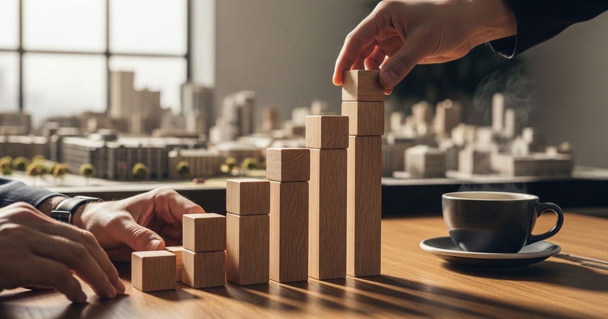 Warm, hyper-realistic close-up of hands arranging wooden blocks on a conference table — visual metaphor for building SEO strategy and local agency growth.