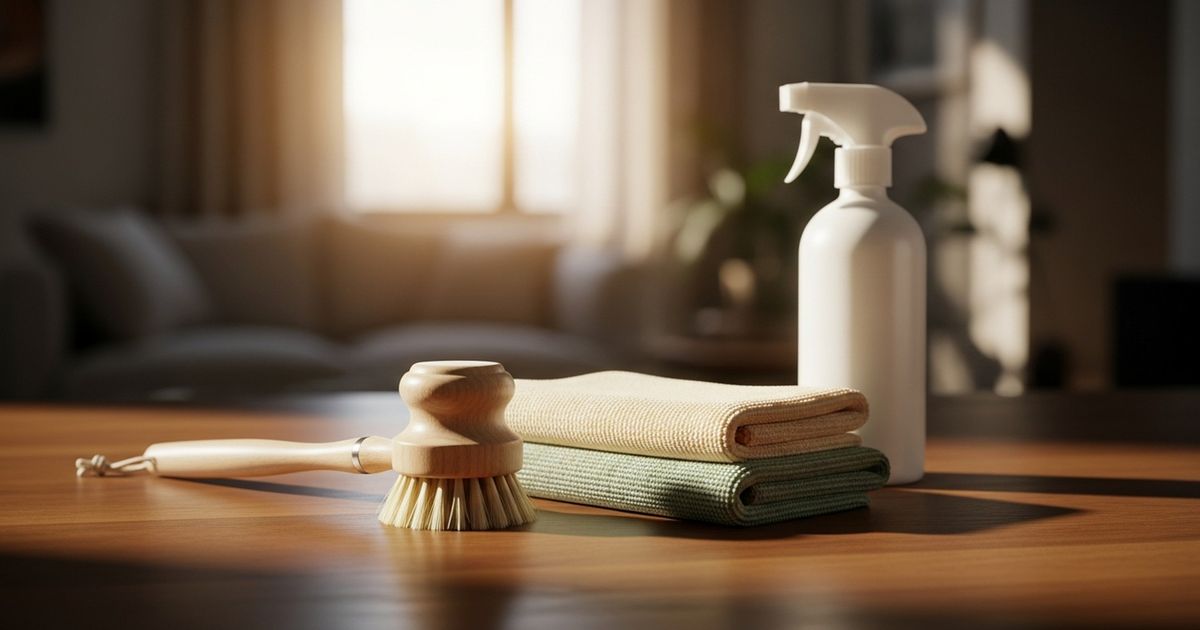 Neatly arranged premium cleaning tools on a wooden table with warm light, evoking professional maid services and tidy homes.