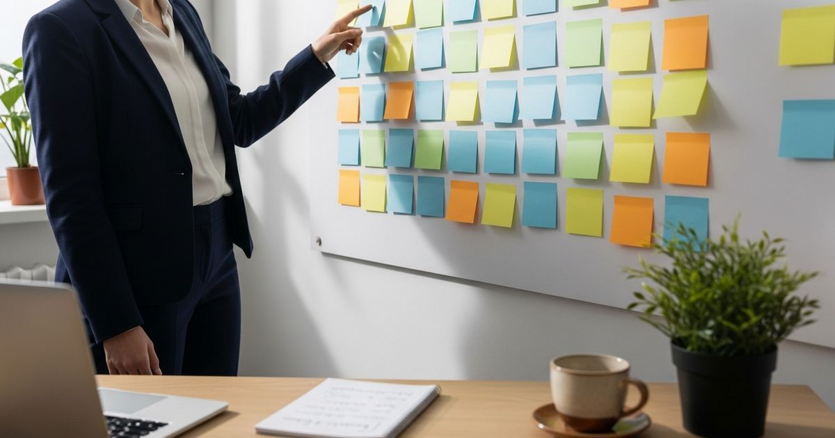 Insurance agent planning SEO content strategy with color-coded topic cards on a wall, modern office setting, warm tones