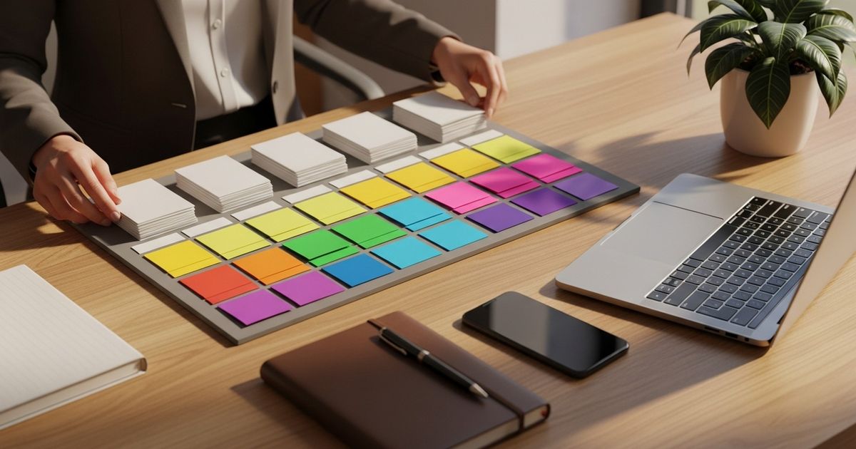 Workspace with color-coded content planning board and blank template cards representing automated SEO publishing workflows