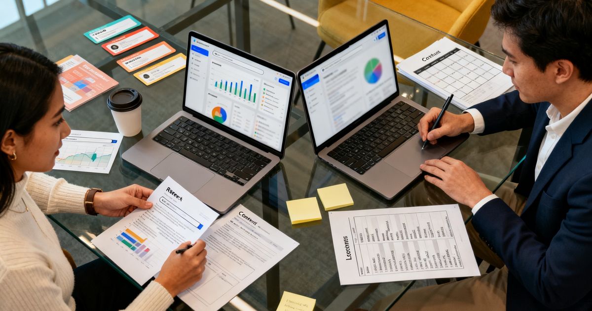 Two marketers comparing Ubersuggest and Copy.ai on laptops in a modern startup office — ubersuggest vs copy.ai
