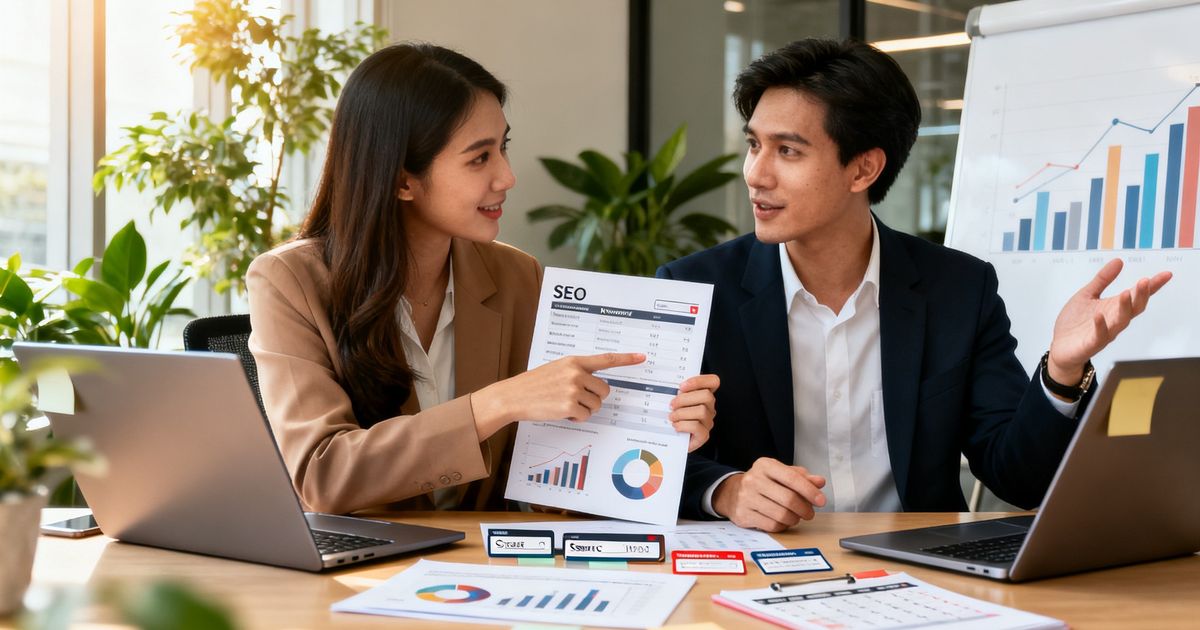 Two marketers comparing SEO reports side-by-side, representing Ahrefs vs Ubersuggest