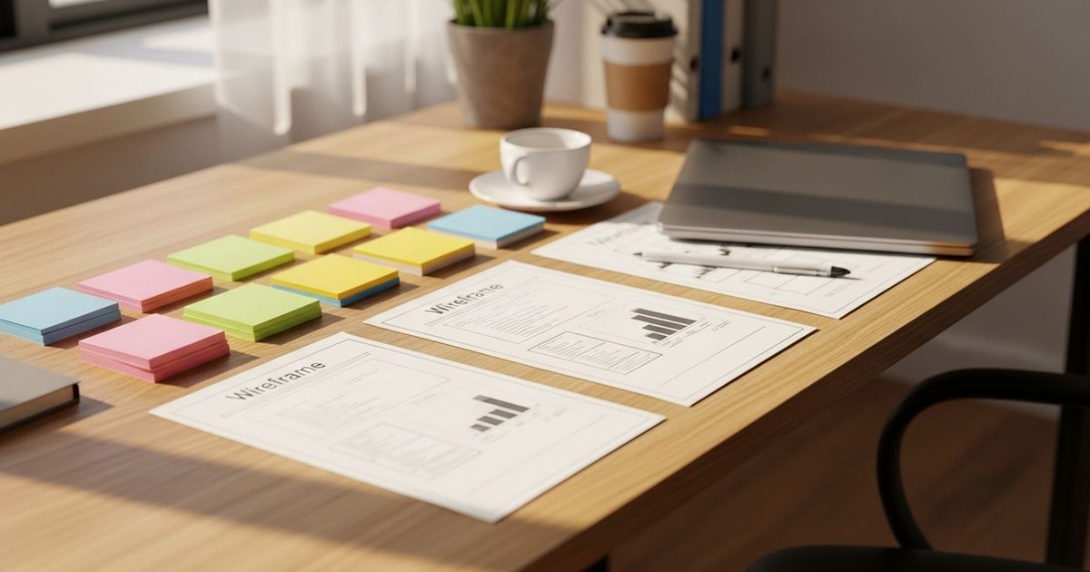 Organized workspace with blank content templates and colored cards representing a programmatic SEO content structure process