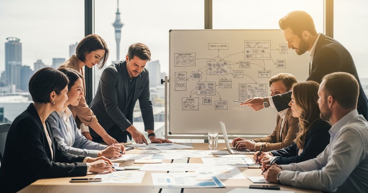 Marketing team collaborating around a conference table in an Auckland office, illustrating top SEO agencies in Auckland