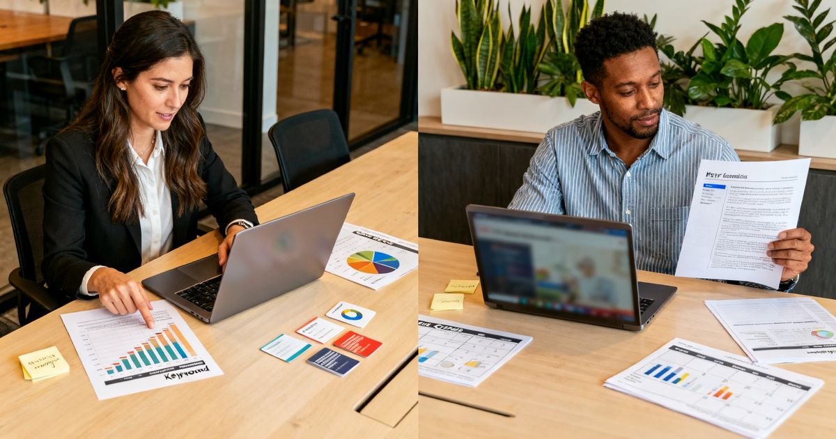 Two marketers comparing Moz vs Copy.ai outputs in a modern startup office in Austin, Texas