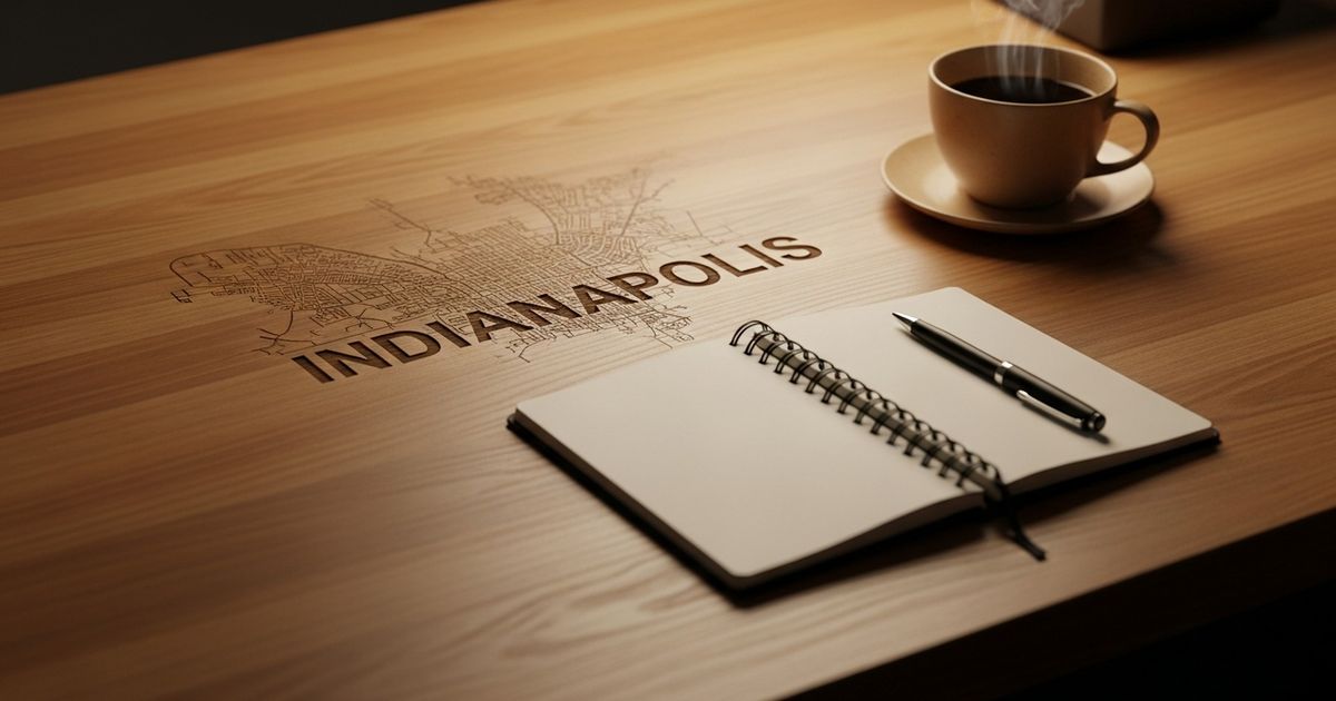 Editorial-style close-up of a warm-toned desk with notebook and coffee, textured with a subtle map silhouette of Indianapolis