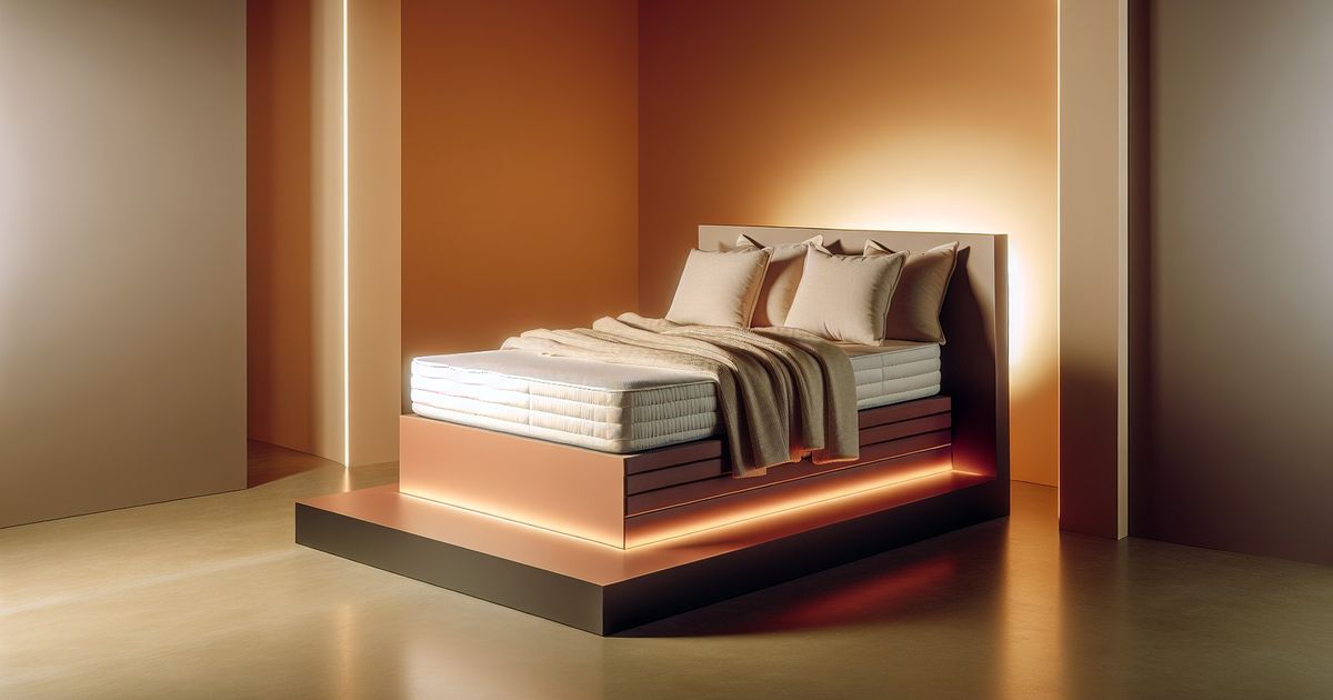 Warm editorial-style showroom scene with a single premium mattress on a minimalist platform, soft lighting and layered bedding