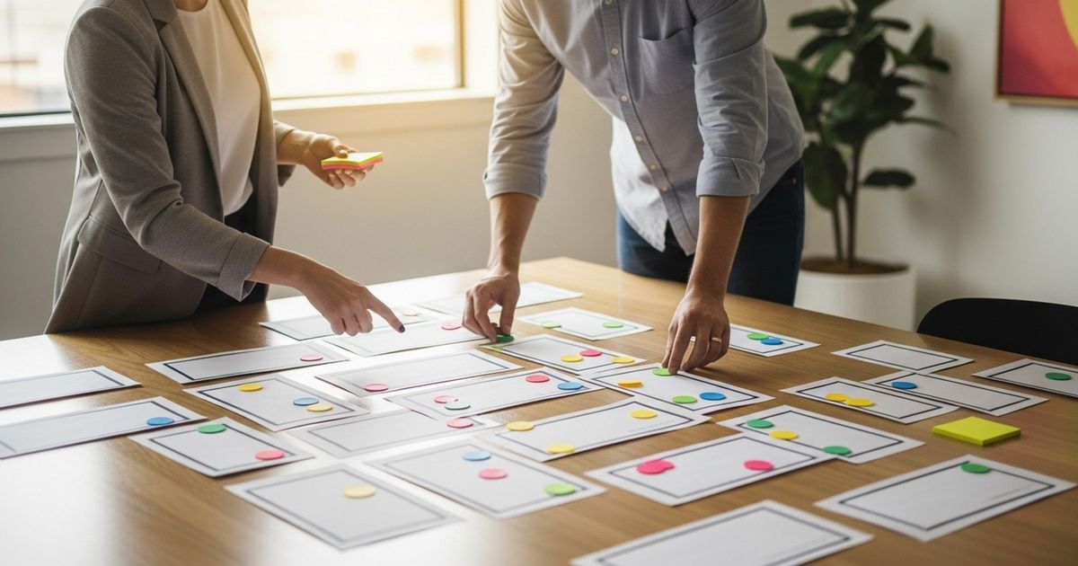 Content manager arranging site-map cards on a table while planning how to do internal linking