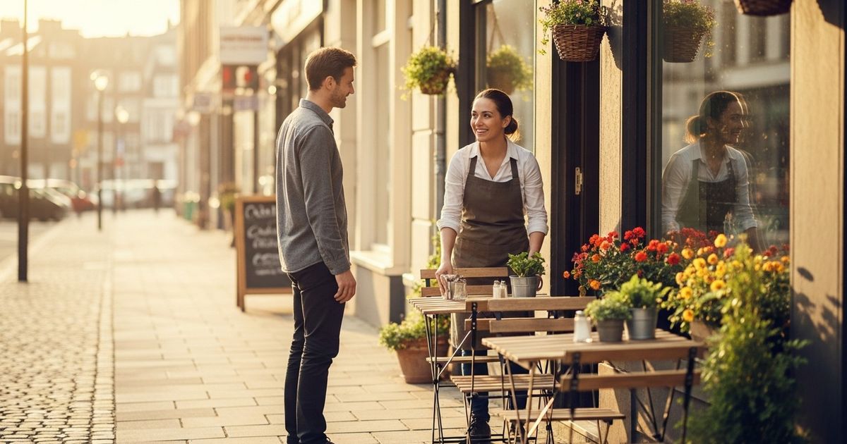 Small café owner arranging outdoor seating in warm morning light, representing a local business benefiting from local SEO