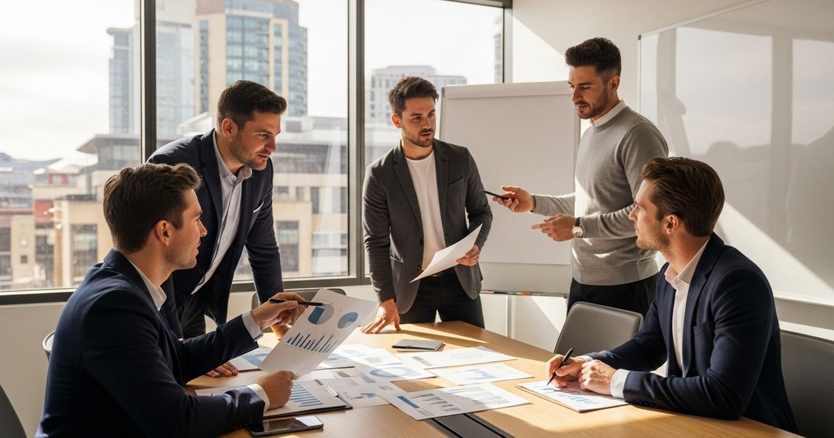 Marketing team collaborating in a modern Newcastle, NSW office discussing SEO strategies for local businesses (SEO agencies in Newcastle)