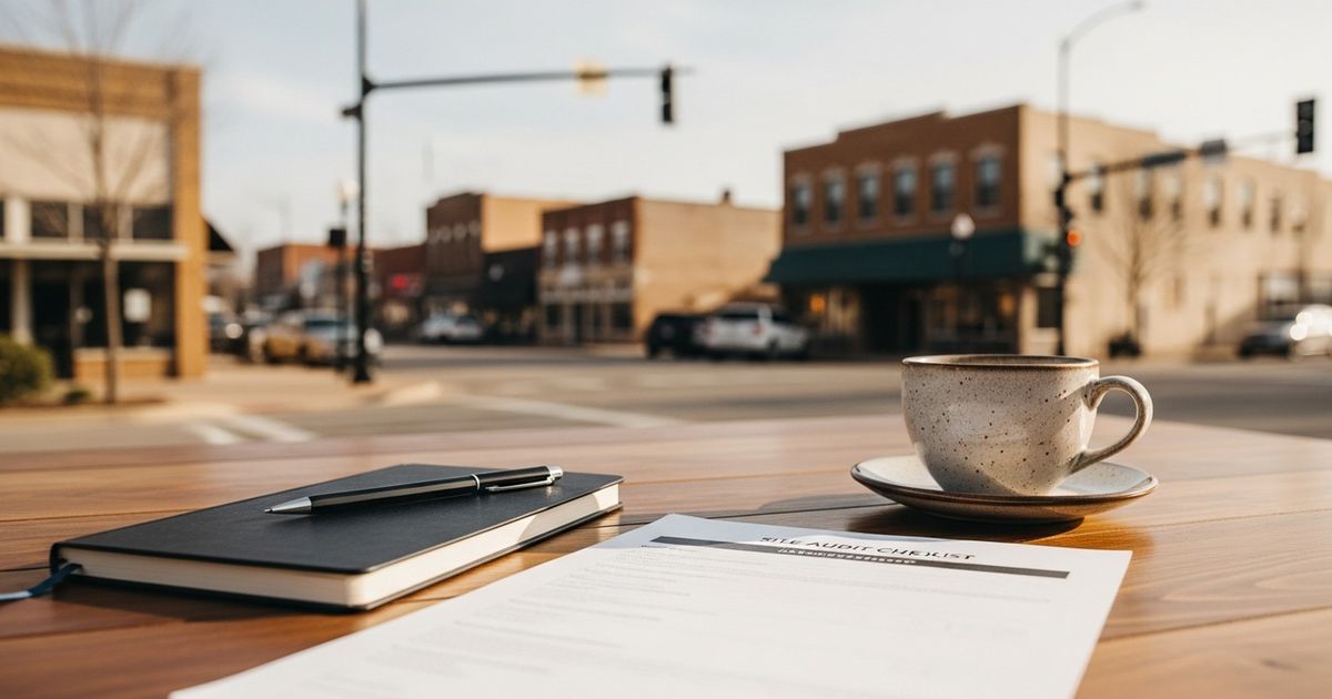 Hyper-realistic editorial image: a warm desk scene with a site audit checklist and coffee, suggesting local SEO work for Wichita businesses.