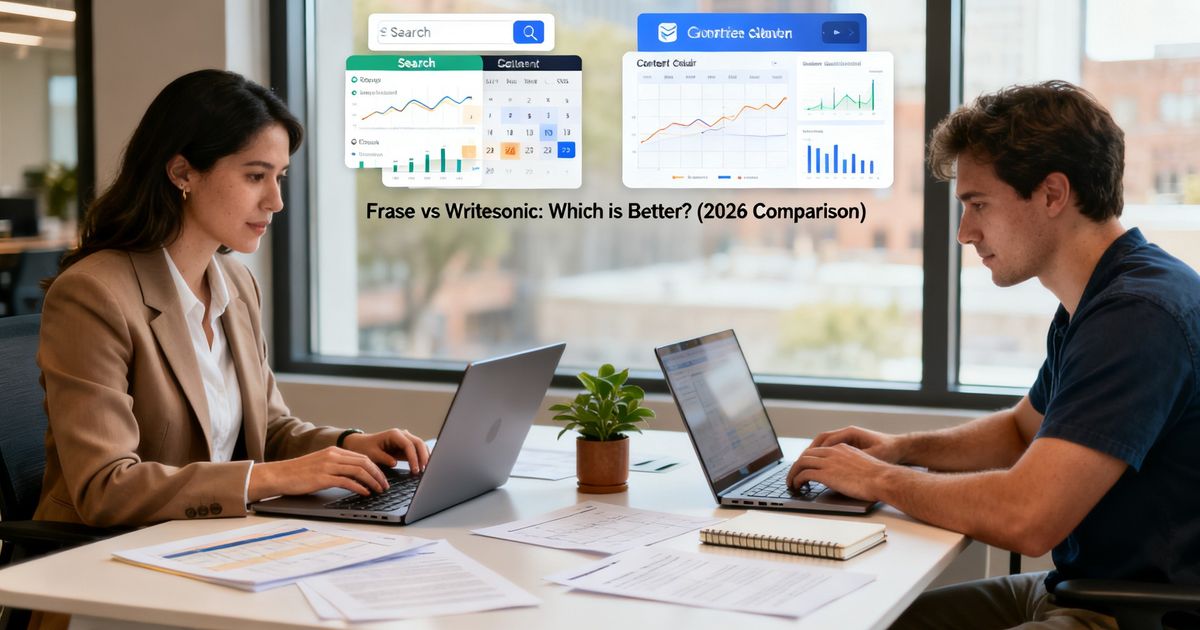 Two marketers comparing Frase vs Writesonic on laptops in a modern co‑working office in Austin, Texas