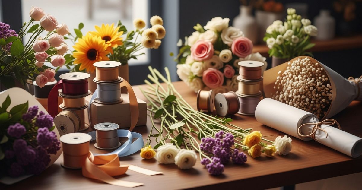 Editorial-style close-up of a freshly arranged bouquet and florist workbench, warm tones and clean composition conveying professional flower shop craft.