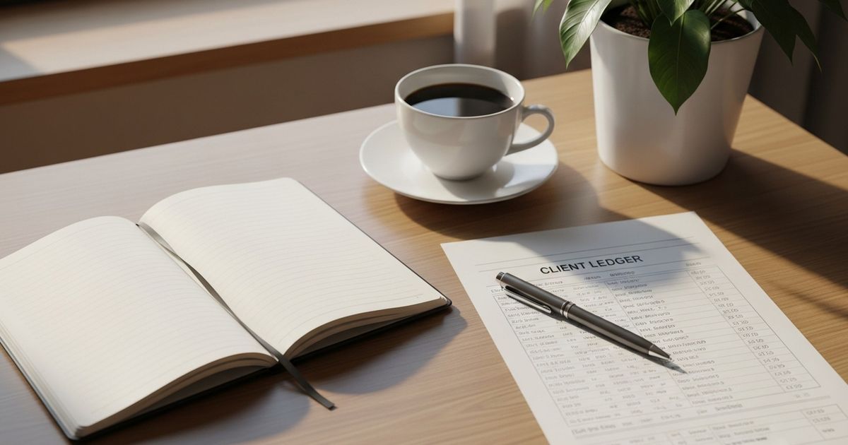 Bookkeeper's tidy workspace with ledger, notebook, and warm natural light — visual metaphor for organized SEO and client-focused bookkeeping services.