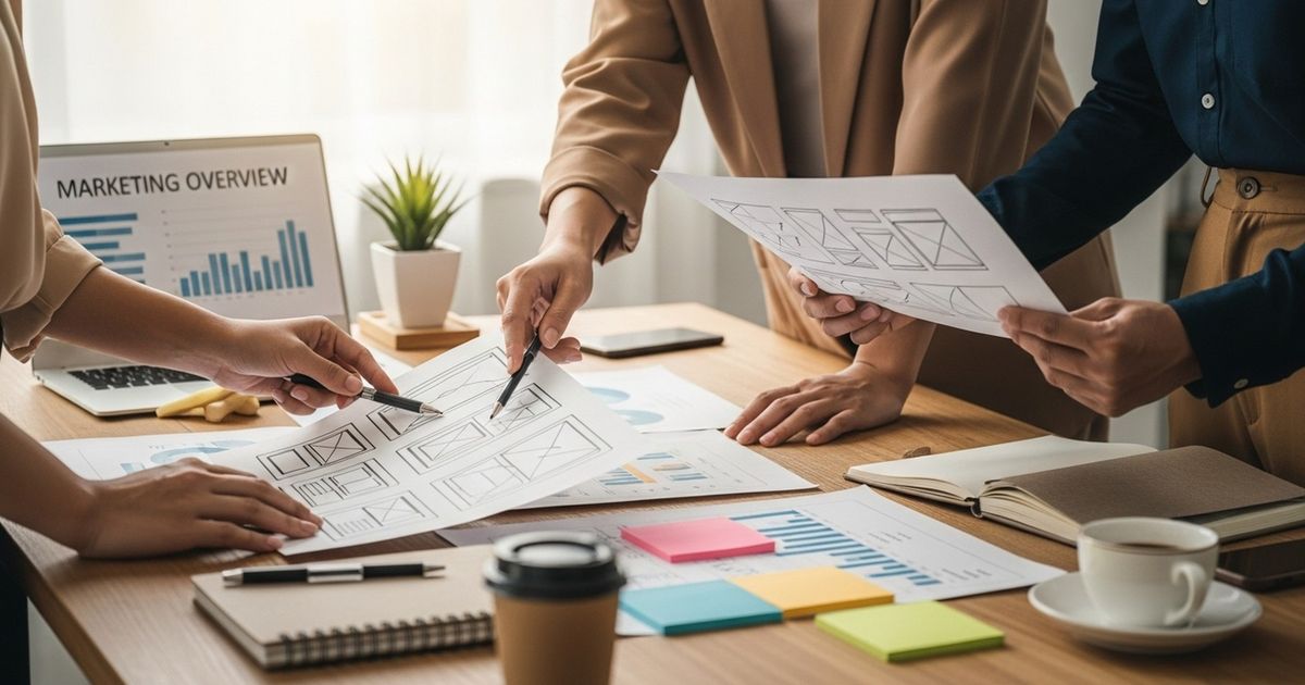 Marketing team reviewing printed AI-generated overview pages and sketches in a warm, modern workspace