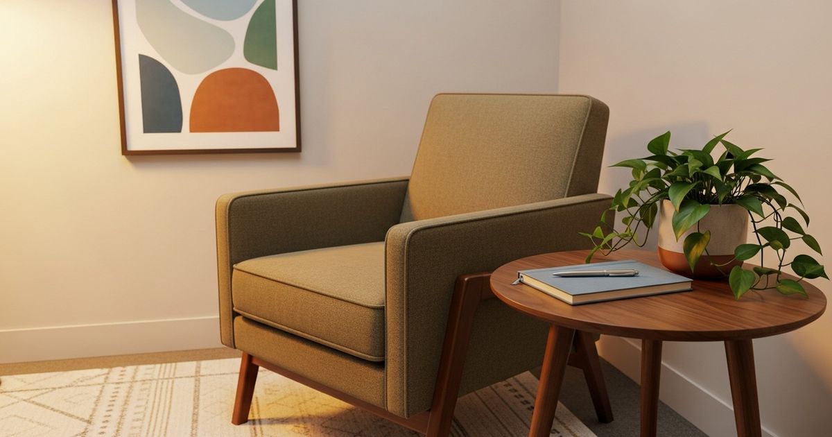 Warm, modern therapist office corner with chair, plant, and notebook conveying a calm, professional setting
