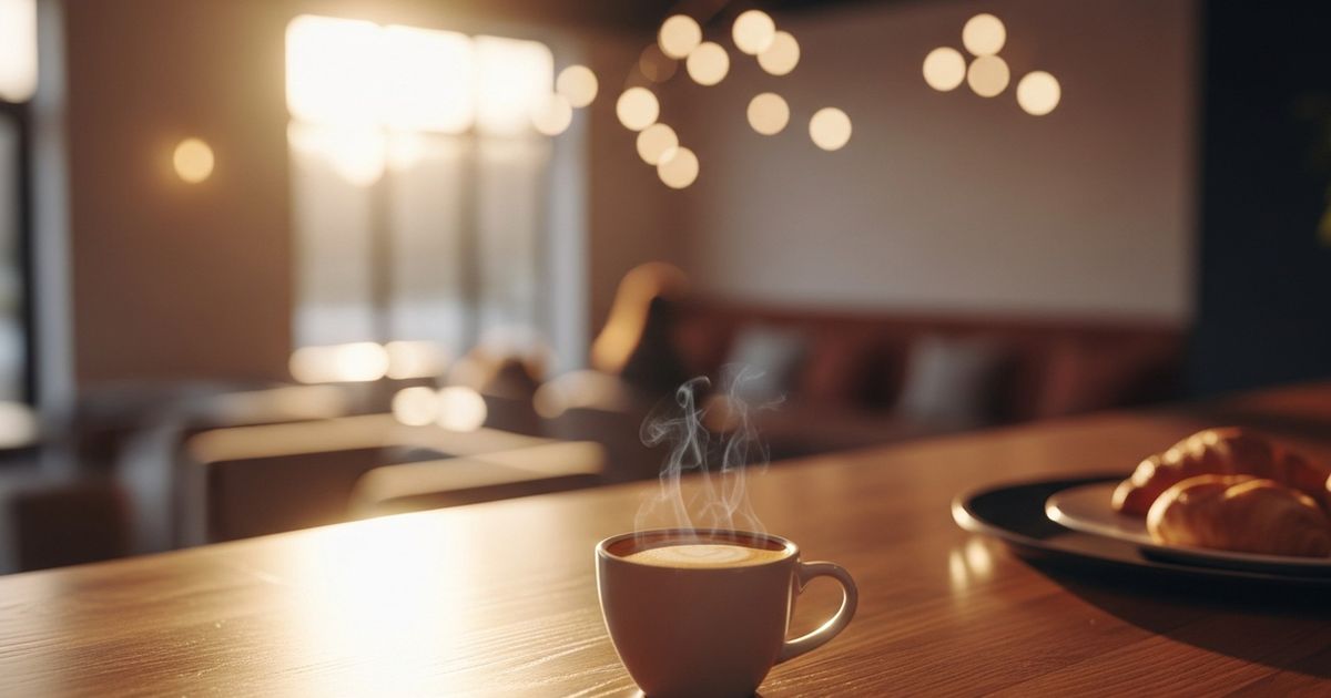 Steaming espresso cup on a polished wooden cafe counter with warm lights and blurred interior in the background, evoking a welcoming coffee shop atmosphere.