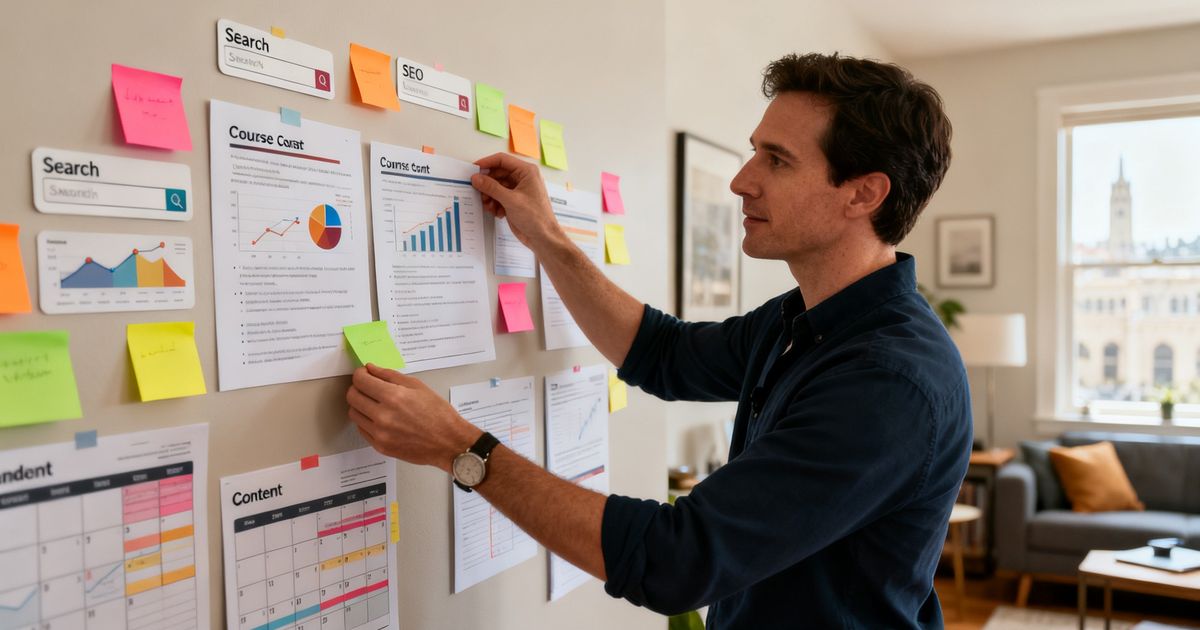 Instructor arranging course outline sticky notes for Udemy SEO optimization in a home office