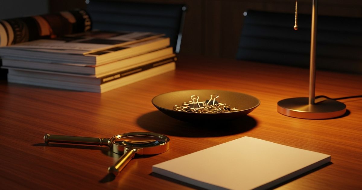 Warm editorial scene: a modern PR agency conference table with a magnifying glass and blank notebook, evoking search and storytelling without any visible text.