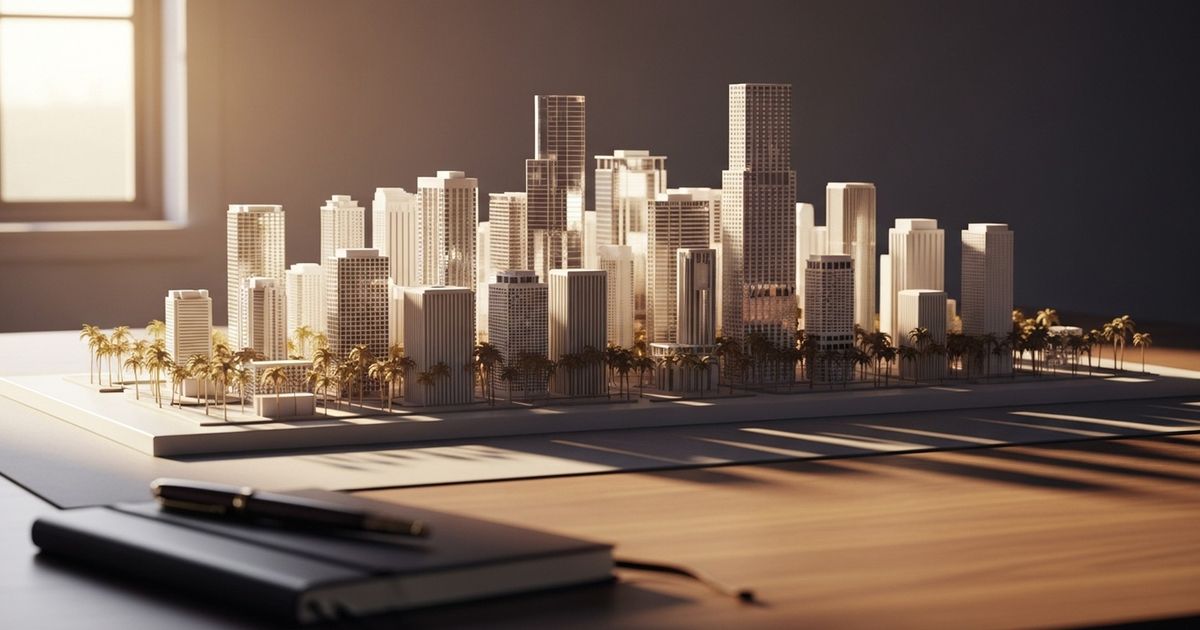 Hyper-realistic editorial image of a scale Miami skyline on a warm wooden desk, suggesting strategy and local marketing