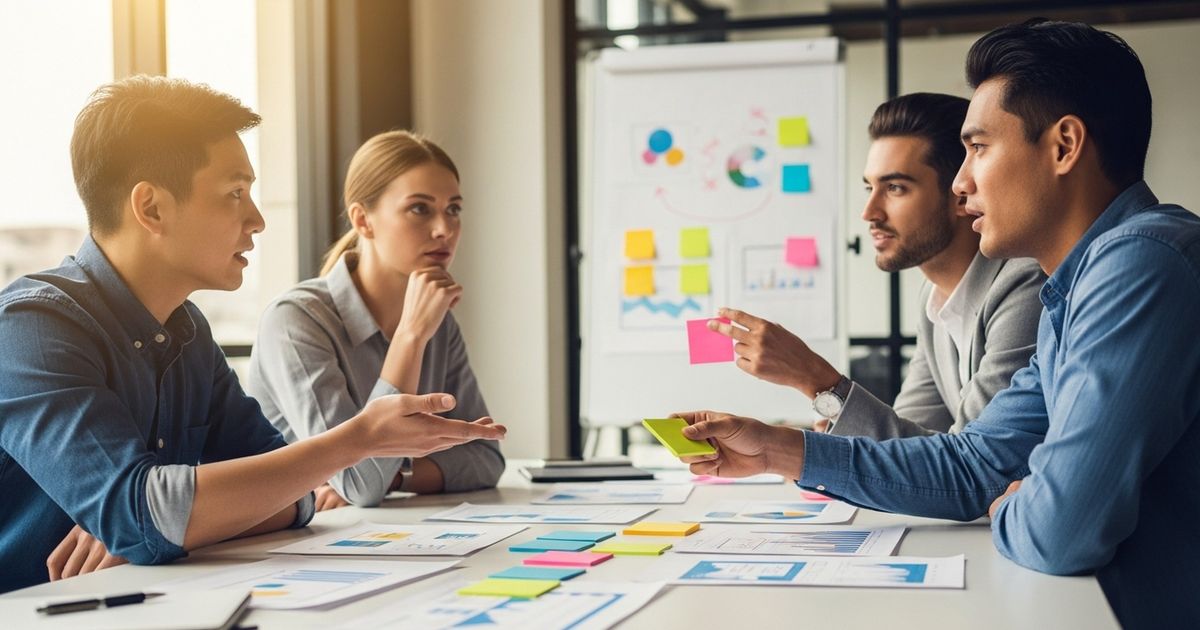 Marketing team planning content layout in a startup office to show how to improve dwell time
