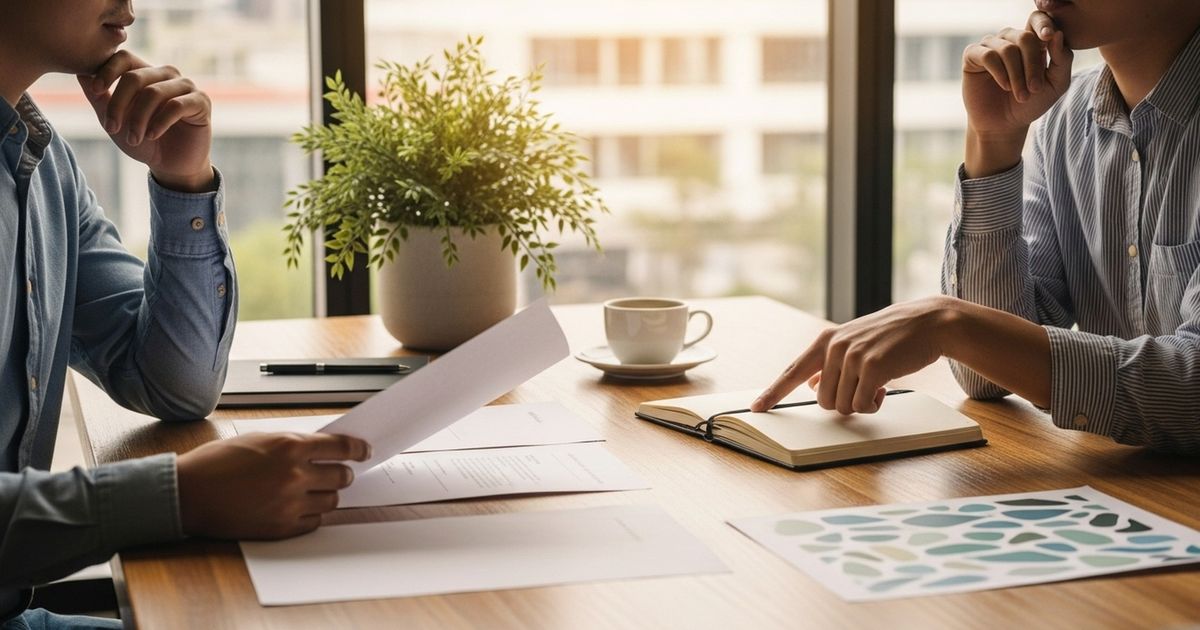 Content team reviewing printed drafts in a warm modern workspace, representing editorial review of AI-assisted content