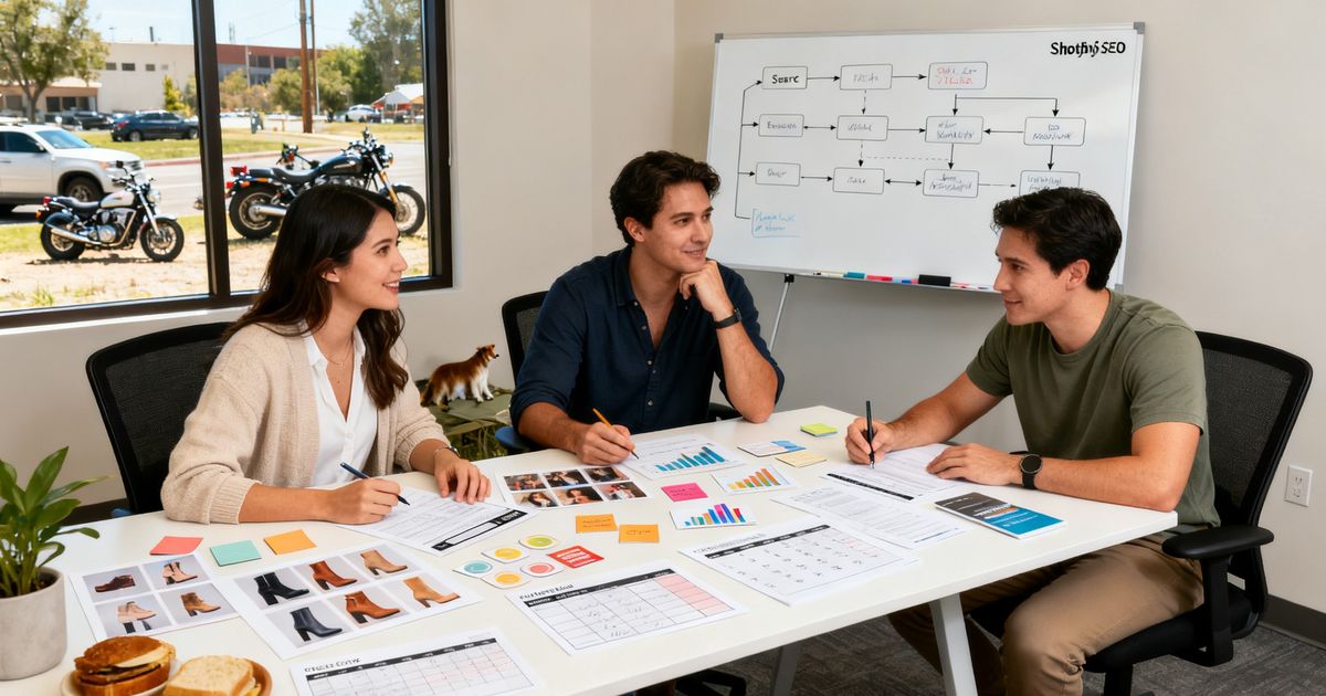 Ecommerce marketing team planning Shopify SEO strategy in a startup office in Austin, Texas