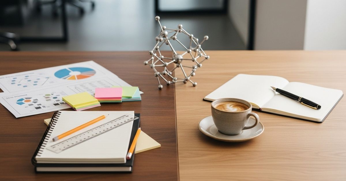 Modern workspace split into two areas: keyword planning materials on one side and writing tools on the other, with an abstract neural-network sculpture between them.