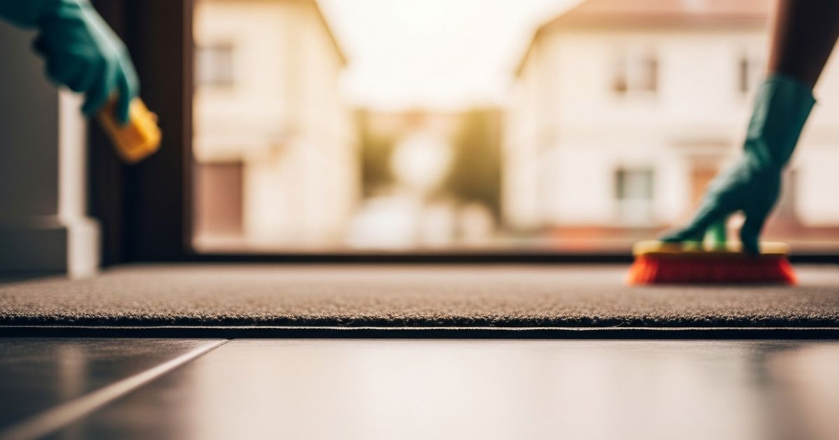 Stylized hyper-realistic scene suggesting professional cleaning services and growth — warm-toned, clean composition with a polished entrance mat and soft building facade.
