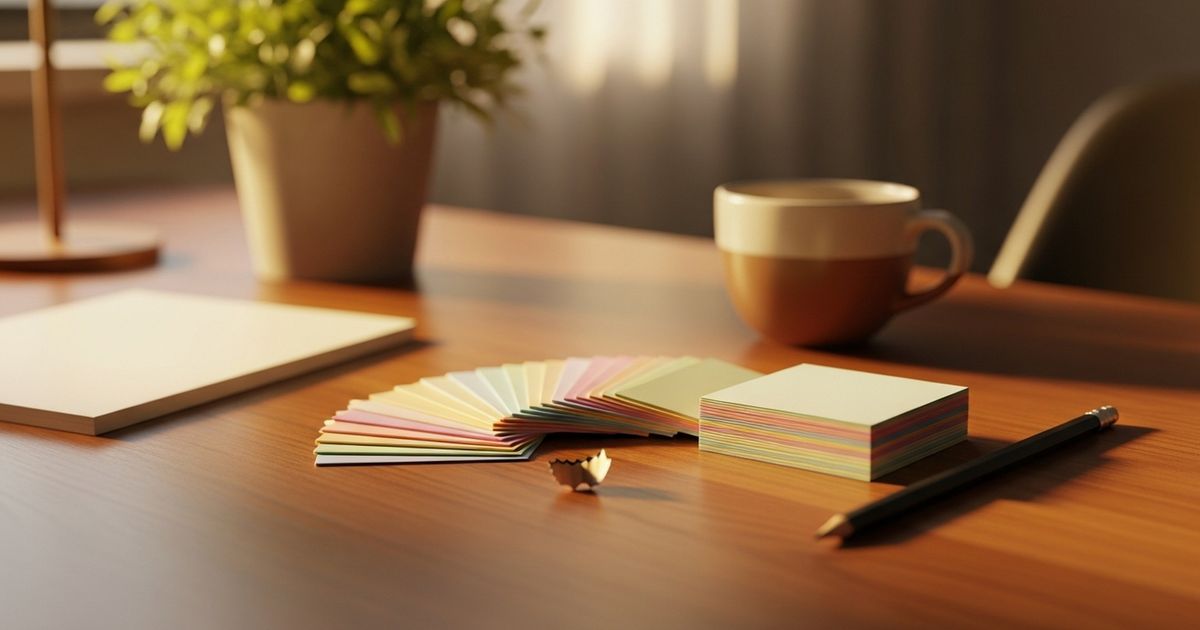 Warm modern workspace with neat index cards and coffee, suggesting organized content planning and creativity